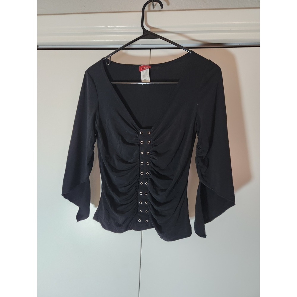 Vintage Comma Design Women's Black Ruched Stretch Blouse Size Small V-neck - Picture 1 of 5